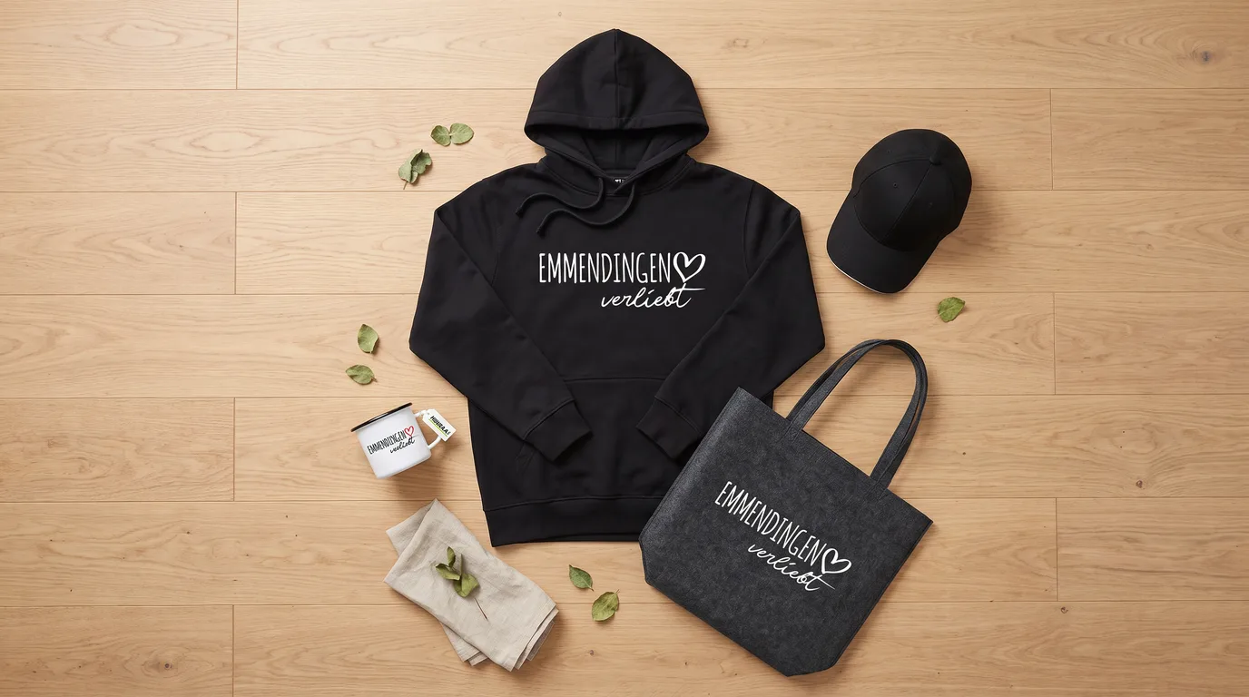 Flatlay mit schwarzem Hoodie, Cappy, Emaille-Tasse und Filzshopper mit Emmendingen-verliebt-Druck auf Holzboden