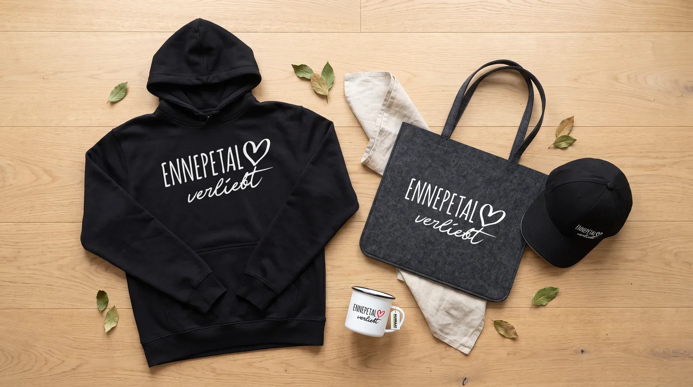 Flatlay mit schwarzem Hoodie, Cappy, Emaille-Tasse und Filzshopper mit Ennepetal-verliebt-Druck auf Holzboden