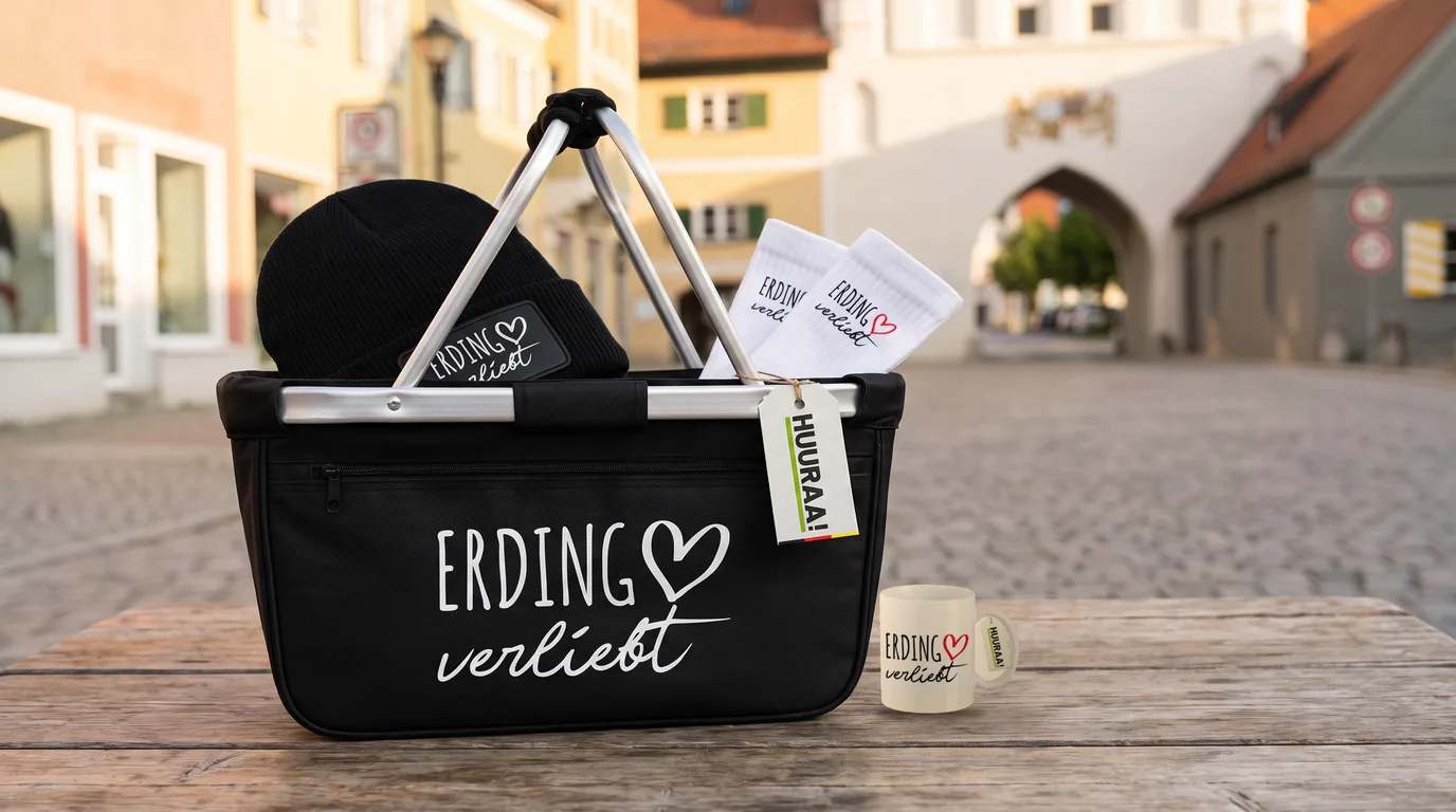 Schwarzer Einkaufskorb Erding verliebt mit Beanie und Socken, daneben die Kaffeetasse, auf einem Holztisch vor dem Schönen Turm