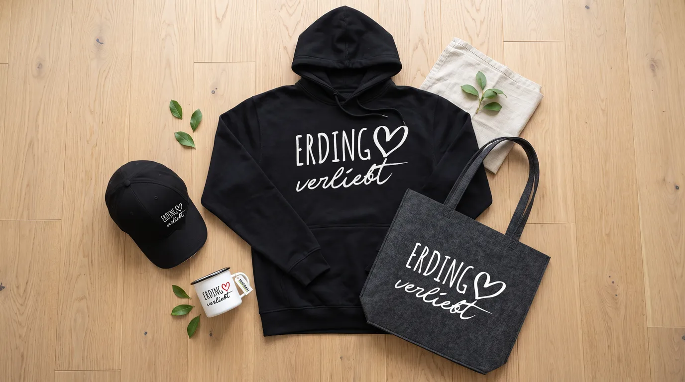 Flatlay mit schwarzem Hoodie Erding verliebt, Cappy, Emaille-Tasse und grauem Filzshopper auf Holzboden