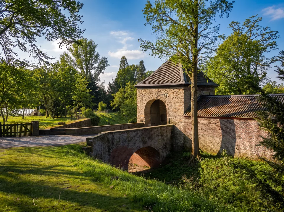 Torturm von Haus Unterbach in Erkrath aus Bruchstein mit Brücke über den Graben, Mauer und grünen Bäumen