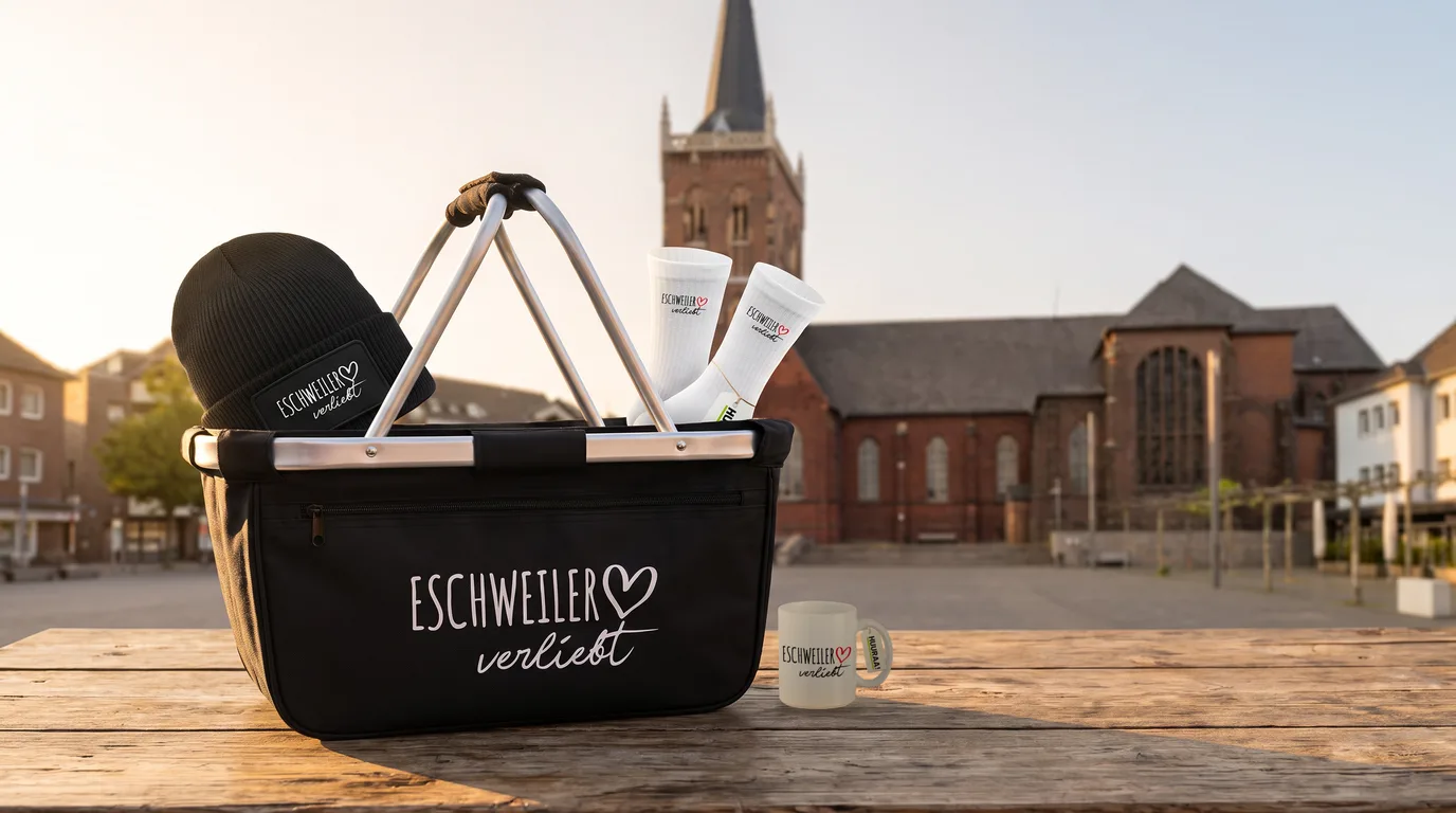 Schwarzer faltbarer Einkaufskorb „Eschweiler verliebt“ mit Beanie und Socken, daneben die Kaffeetasse, vor der Kirche St. Peter und Paul