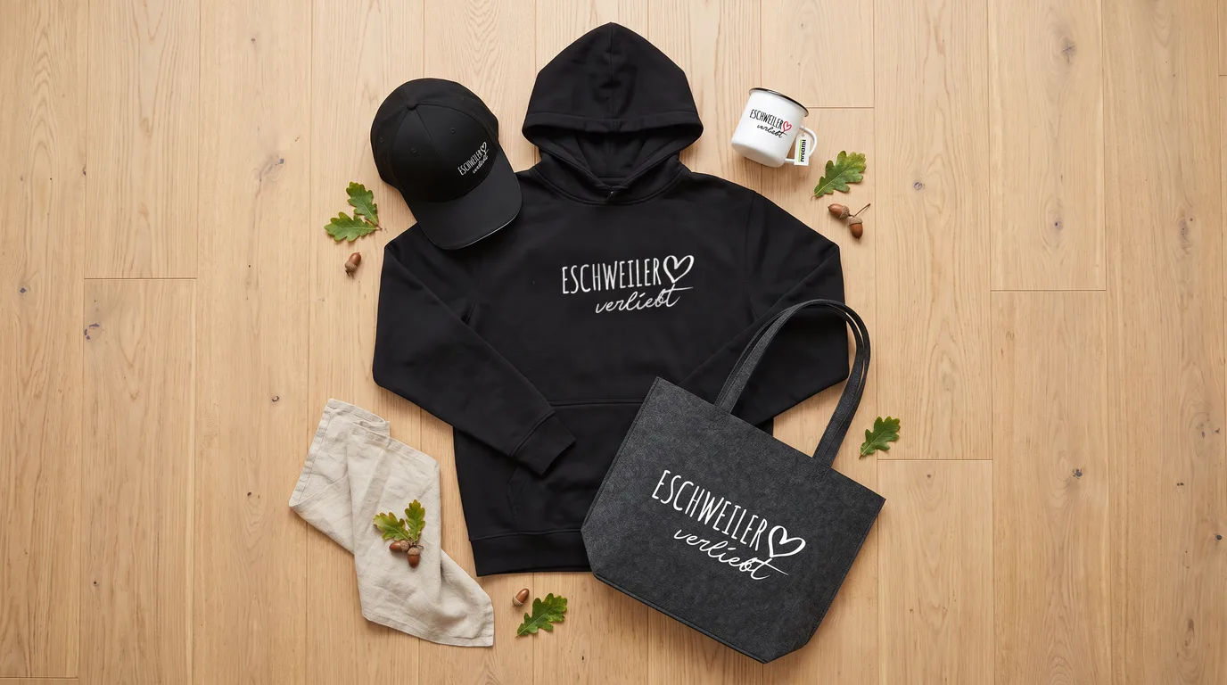 Flatlay mit schwarzem Hoodie, Cappy, Emaille-Tasse und Filzshopper „Eschweiler verliebt“ auf hellem Holzboden