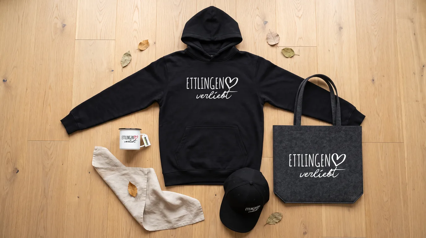 Flatlay mit schwarzem Hoodie Ettlingen verliebt, Cappy, Emaille-Tasse und grauem Filzshopper auf hellem Holzboden