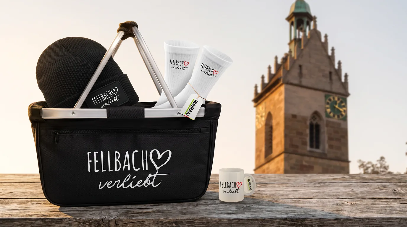 Schwarzer Einkaufskorb Fellbach verliebt mit Beanie und Socken, daneben die Kaffeetasse, auf einem Holztisch vor dem Turm der Lutherkirche
