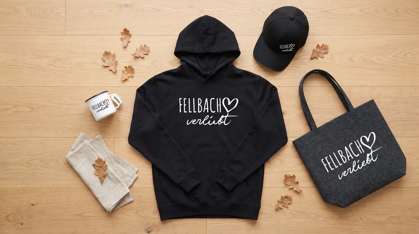 Flatlay mit schwarzem Hoodie Fellbach verliebt, Cappy, Emaille-Tasse und grauem Filzshopper auf Holzboden
