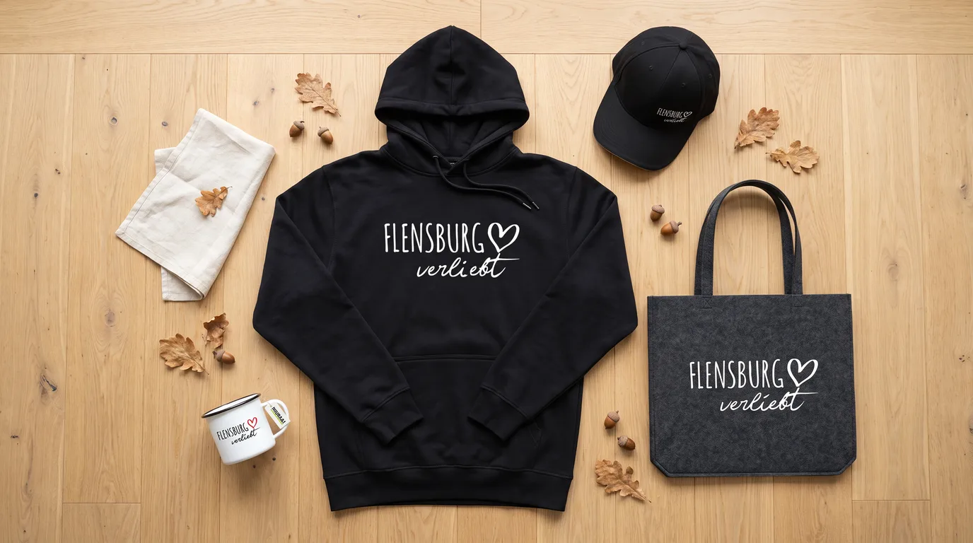 Flatlay mit schwarzem Hoodie, Cappy, Emaille-Tasse und Filzshopper „Flensburg verliebt“ auf hellem Holzboden