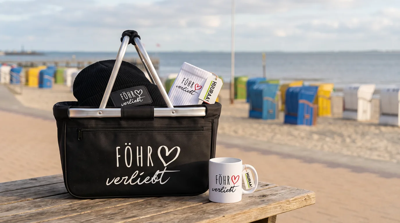 Schwarzer faltbarer Einkaufskorb „Föhr verliebt“ mit Beanie und Socken, daneben die Kaffeetasse, auf einem Holztisch am Strand von Wyk
