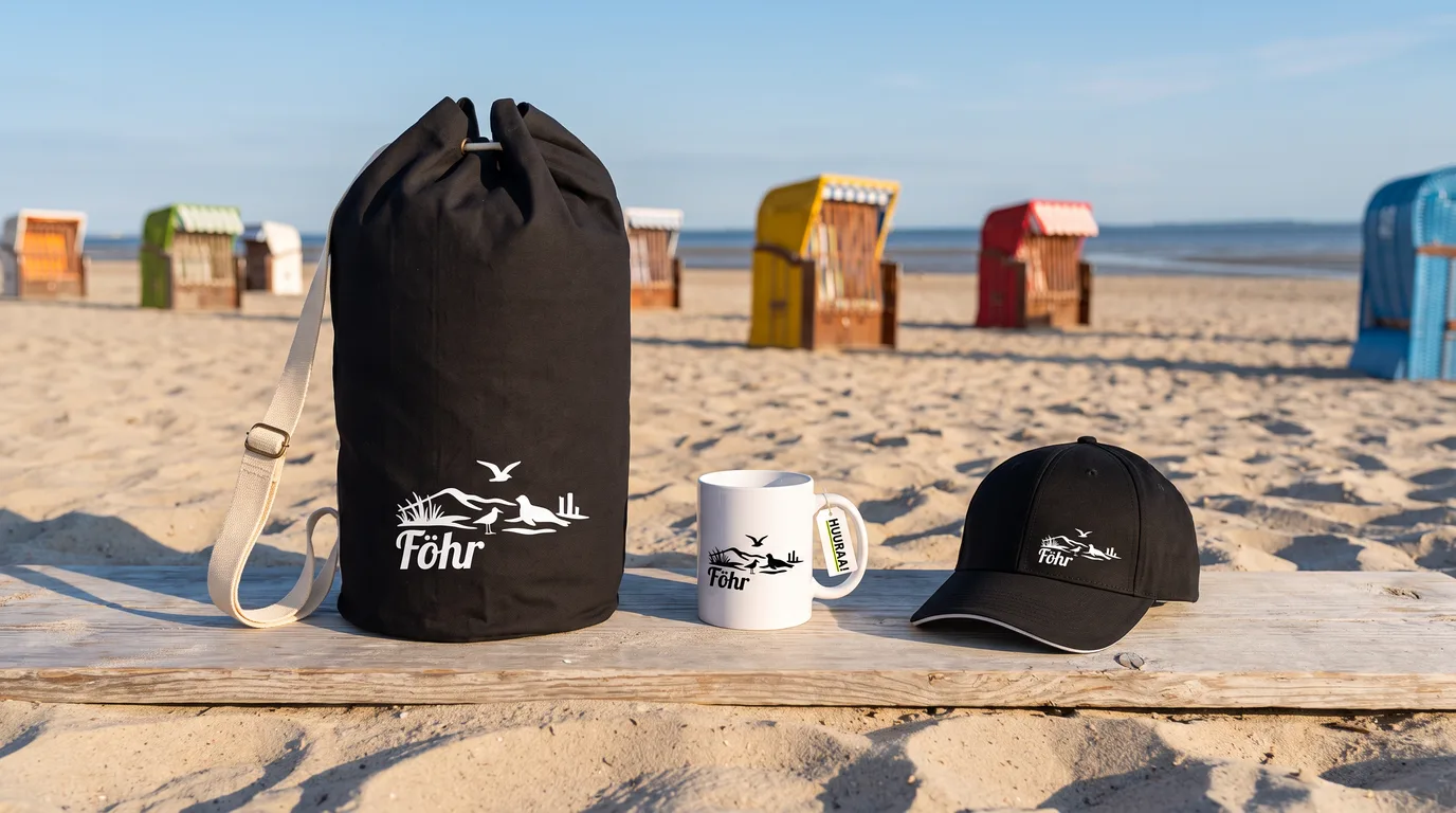 Schwarzer Seesack, Kaffeetasse und Cappy mit Föhr-Strandmotiv auf einem Holzbrett am Sandstrand mit Strandkörben
