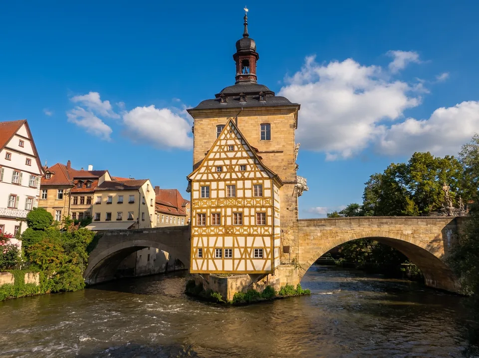 Altes Rathaus Bamberg mitten in der Regnitz mit Fachwerk-Rottmeisterhäuschen und steinernen Bogenbrücken