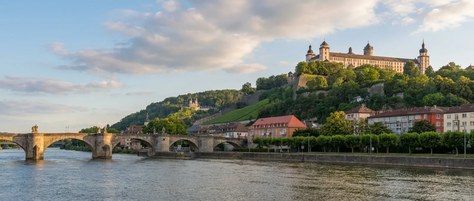 Festung Marienberg auf dem grünen Weinberg über dem Main in Würzburg, links die Alte Mainbrücke im goldenen Abendlicht