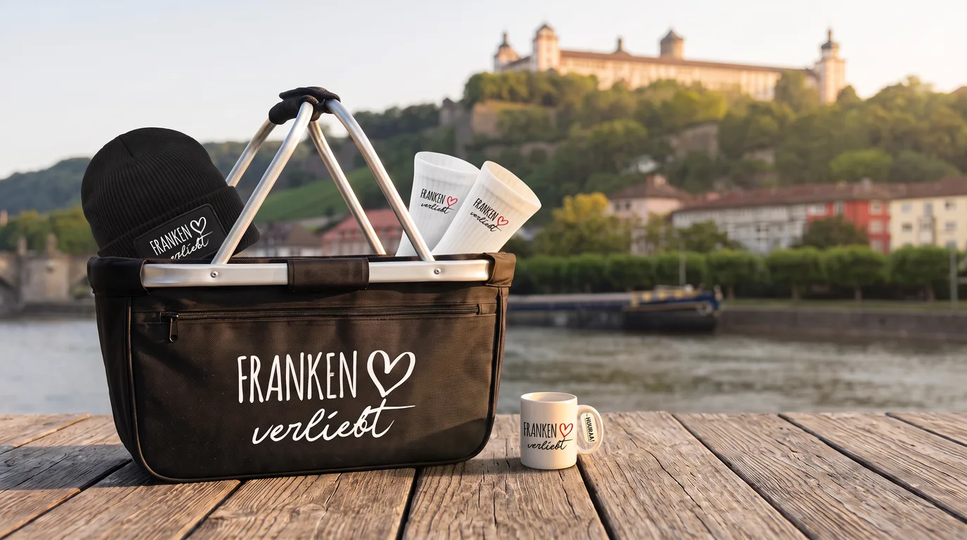 Schwarzer faltbarer Einkaufskorb „Franken verliebt“ mit Beanie und Socken, daneben die Kaffeetasse, am Mainufer vor der Festung Marienberg