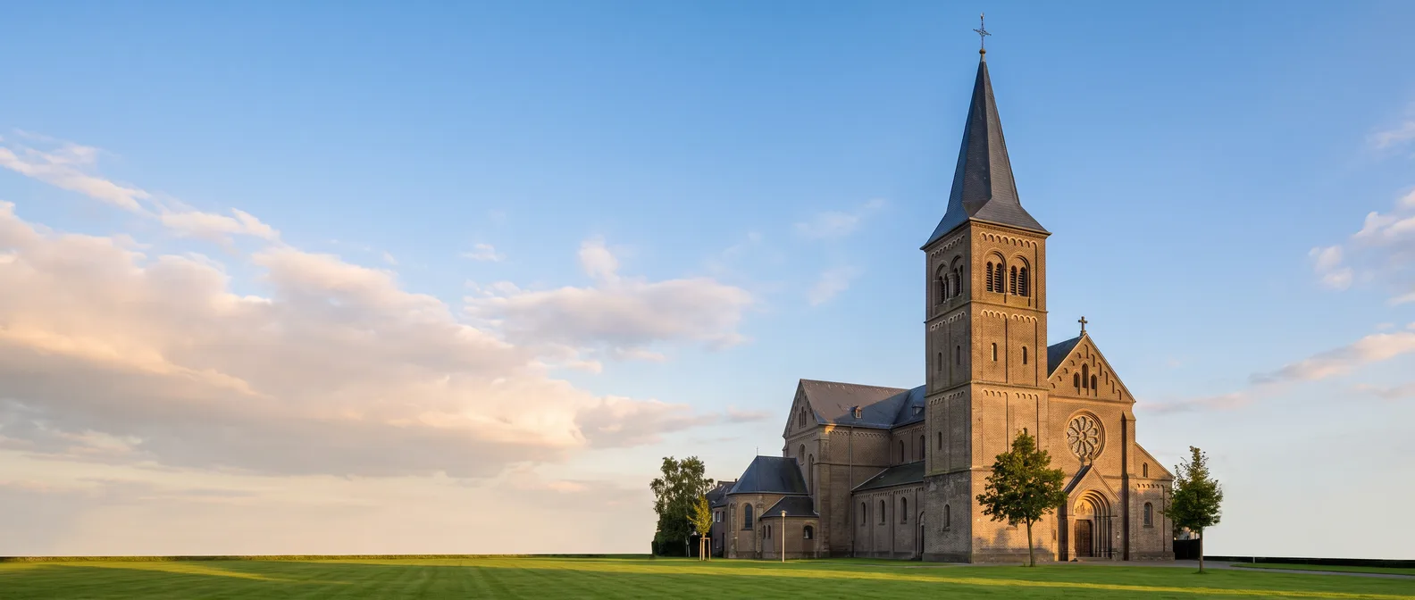 Neuromanische Pfarrkirche St. Audomar in Frechen mit hohem Westturm und spitzem Schieferhelm im goldenen Abendlicht unter blauem Himmel