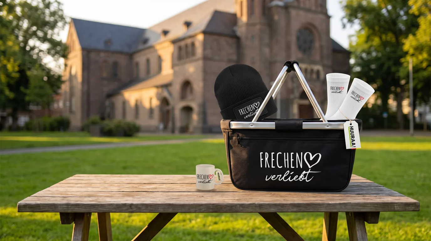 Schwarzer faltbarer Einkaufskorb „Frechen verliebt“ mit Beanie und Socken, daneben die weiße Kaffeetasse, auf einem Holztisch vor der Kirche St. Audomar