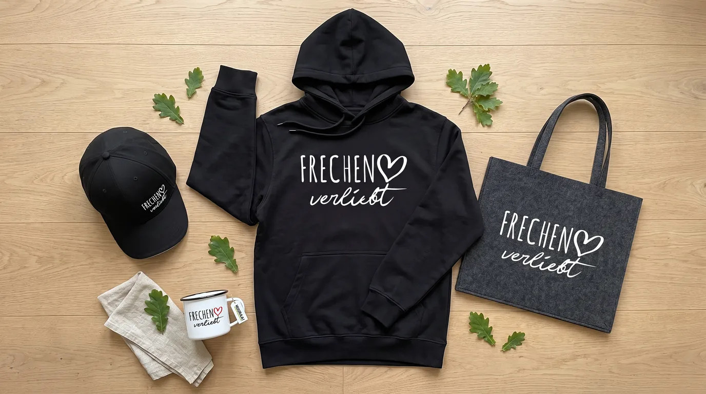 Flatlay mit schwarzem Hoodie, Cappy, Emaille-Tasse und grauem Filzshopper „Frechen verliebt“ auf hellem Holzboden