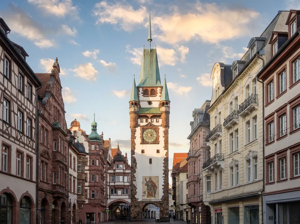 Das Martinstor mit Uhr, Martinsbild und grünem Spitzdach in der Kaiser-Joseph-Straße