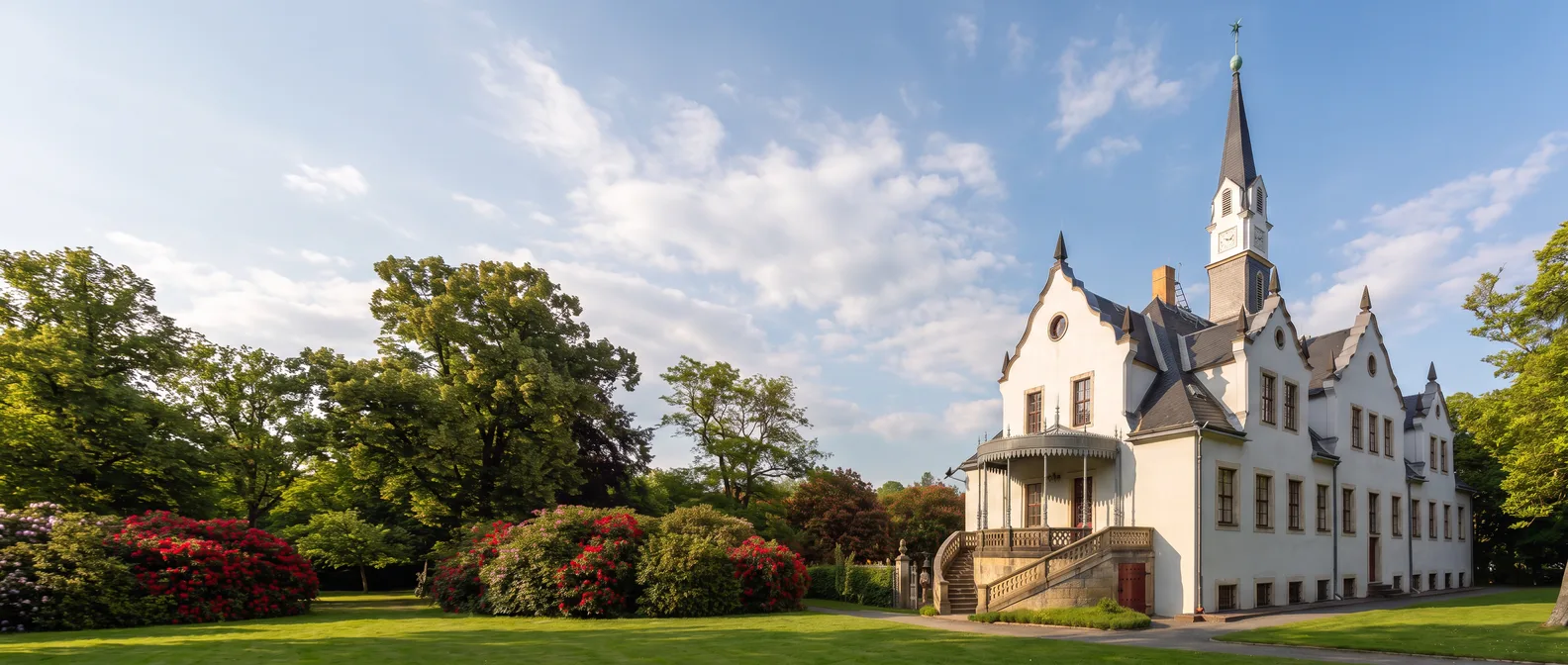Das weiße Schloss Burgk in Freital mit geschwungenen Giebeln, Veranda und schlankem Uhrturm mit spitzem Helm, links ein sonniger Park mit blühenden Büschen
