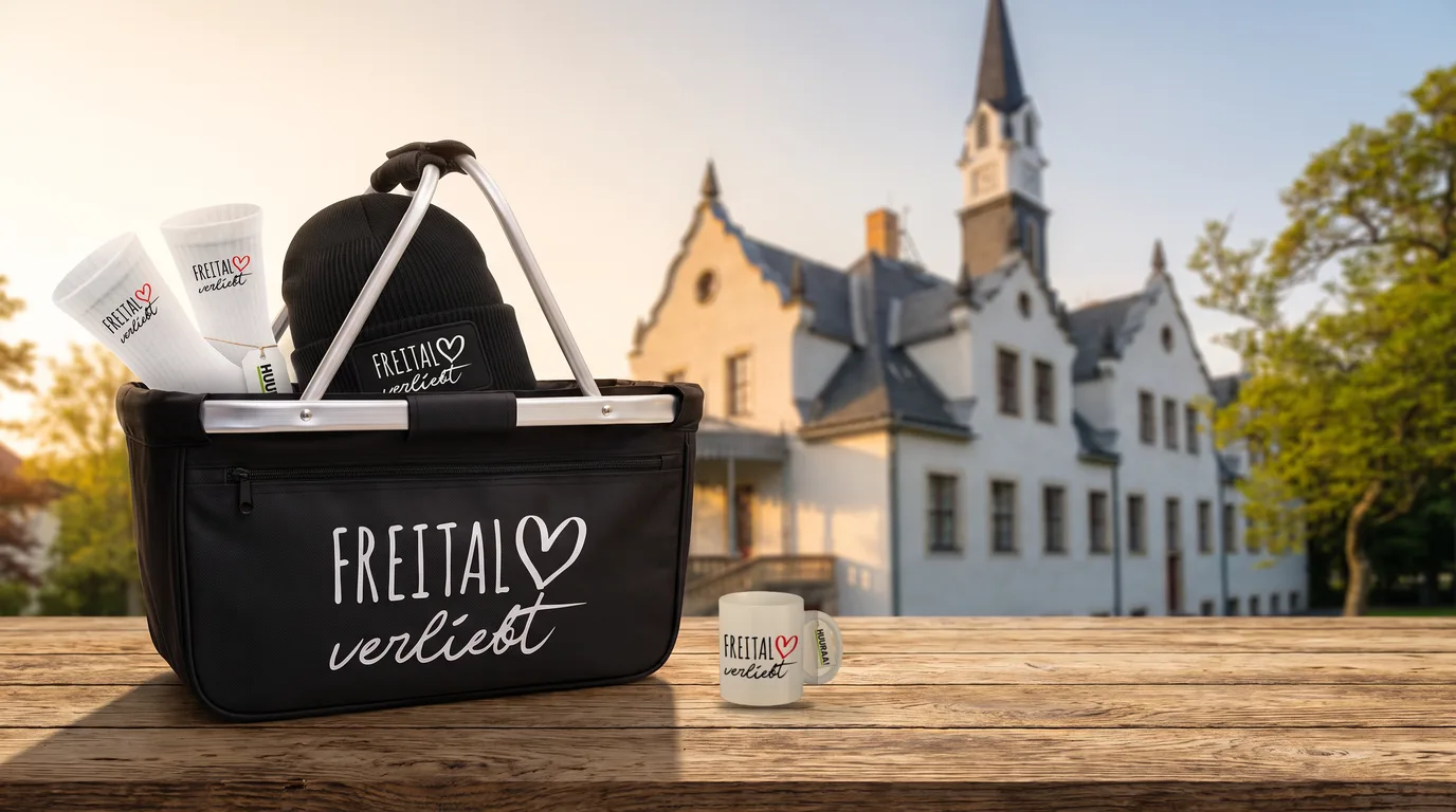 Schwarzer Einkaufskorb Freital verliebt mit Beanie und Socken, daneben die weiße Kaffeetasse, auf einem Holztisch vor Schloss Burgk