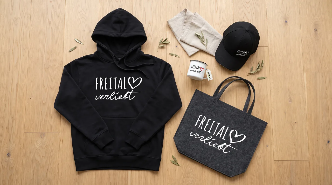 Flatlay mit schwarzem Hoodie Freital verliebt, Cappy, Emaille-Tasse und grauem Filzshopper auf hellem Holzboden