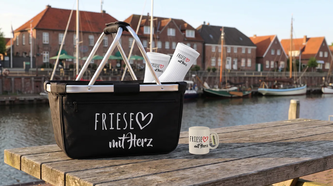 Schwarzer Einkaufskorb „Friese mit Herz“ mit Socken und Kaffeetasse auf einem Holztisch am Alten Hafen von Hooksiel