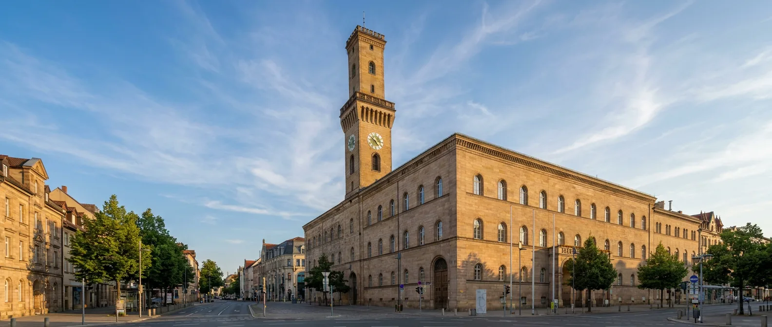Das Fürther Rathaus aus Sandstein mit seinem hohen Turm im italienischen Stil vor blauem Himmel