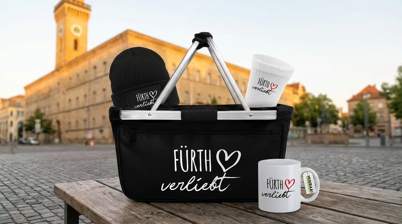 Faltbarer Einkaufskorb Fürth verliebt mit Beanie, Socken und Kaffeetasse auf einem Holztisch vor dem Fürther Rathaus