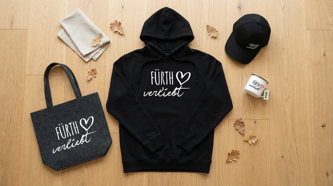 Flatlay mit schwarzem Hoodie, Cappy, Emaille-Tasse und grauem Filzshopper mit Fürth-verliebt-Druck auf Holzboden