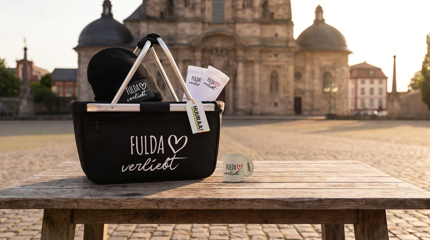 Faltbarer Einkaufskorb Fulda verliebt mit Beanie und Socken, daneben eine Kaffeetasse, vor dem Fuldaer Dom