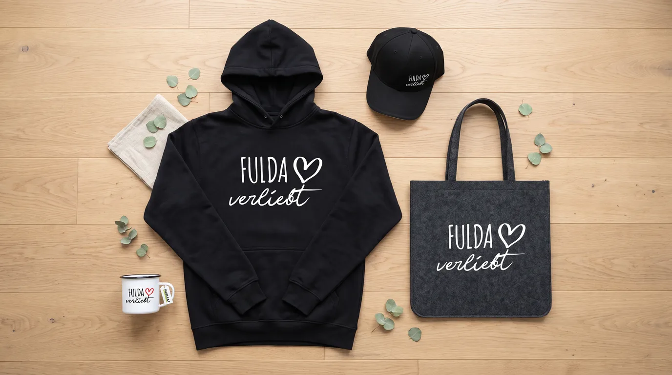 Flatlay mit schwarzem Hoodie, Cap, Emaille-Tasse und Filzshopper mit Fulda-verliebt-Druck auf Holzboden