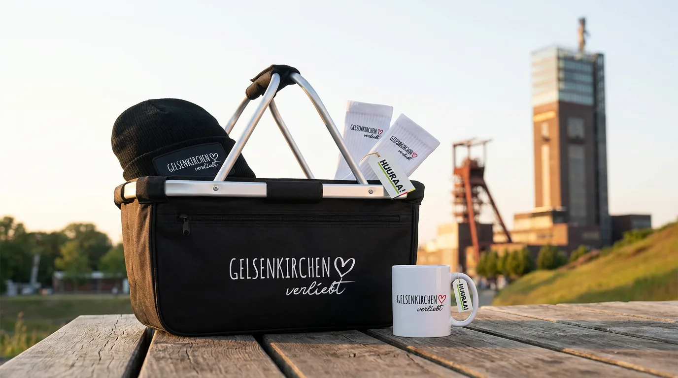 Faltbarer Einkaufskorb „Gelsenkirchen verliebt“ mit Beanie und Socken, daneben die Kaffeetasse, vor dem Nordsternturm