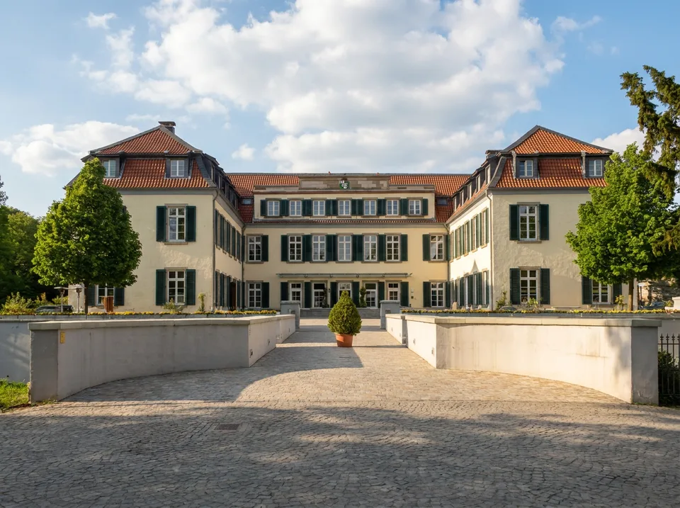 Das hell verputzte Schloss Berge in Gelsenkirchen-Buer mit grünen Fensterläden