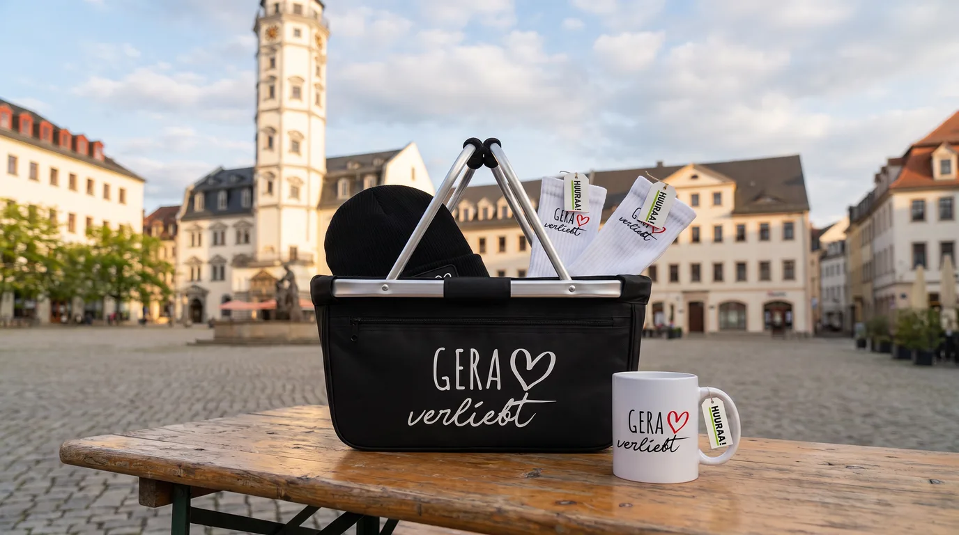 Faltbarer Einkaufskorb Gera verliebt mit Beanie und Socken, daneben die Kaffeetasse, auf einem Holztisch am Markt in Gera