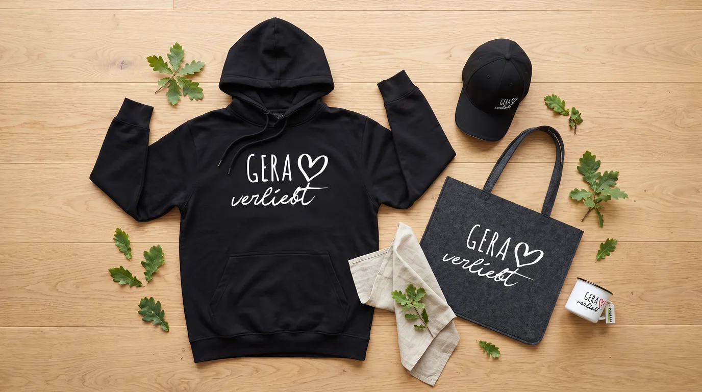 Flatlay mit schwarzem Hoodie, Cappy, Emaille-Tasse und grauem Filzshopper mit Gera-verliebt-Druck auf Holzboden