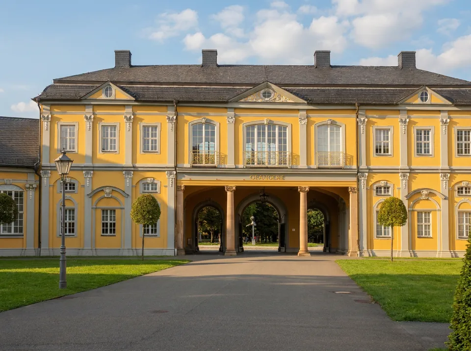 Die gelbe barocke Orangerie in Gera mit Mittelpavillon und Arkadendurchgang