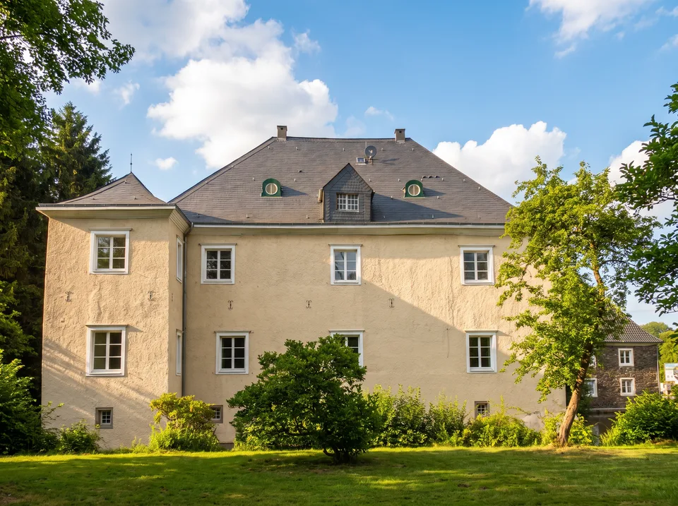 Das hell verputzte Herrenhaus von Gut Rocholz in Gevelsberg mit Schieferdach, Ochsenaugen-Gauben und Eckturm im grünen Garten