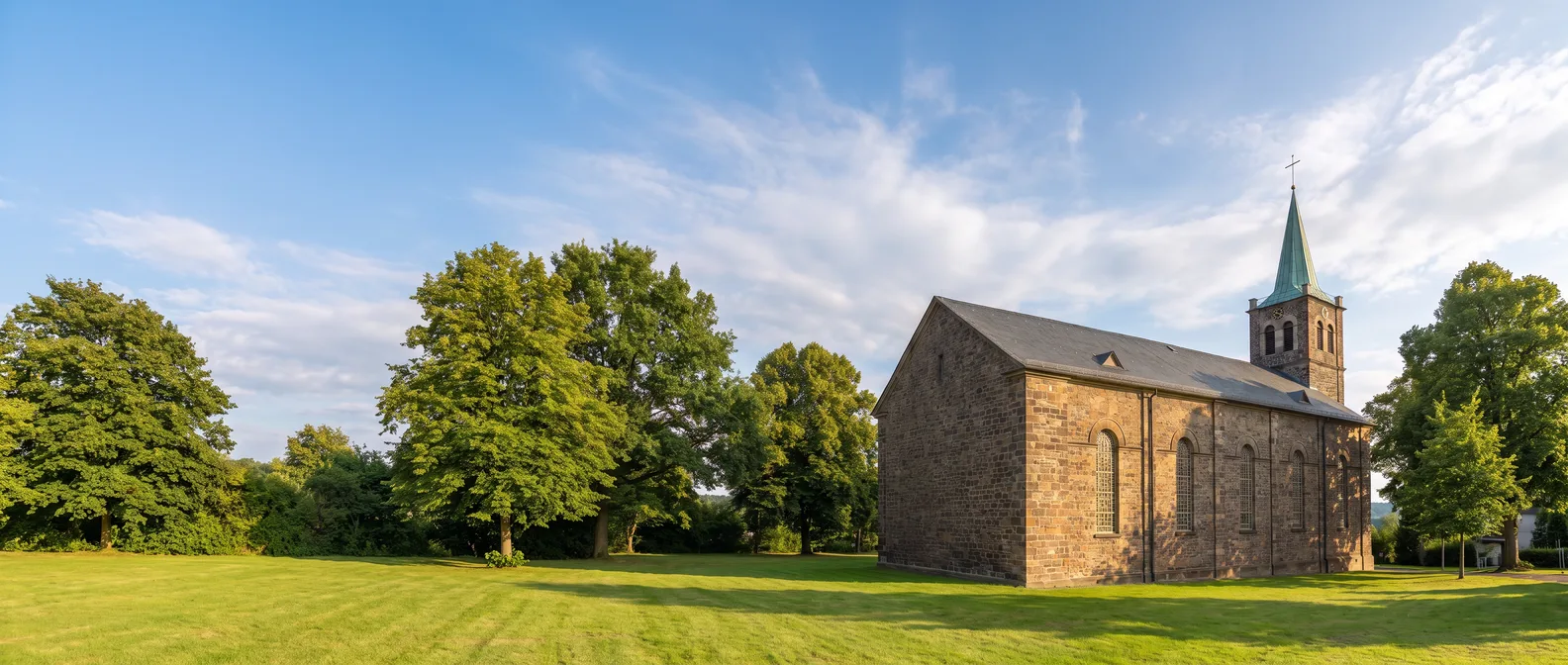 Die evangelische Erlöserkirche in Gevelsberg aus dunklem Bruchstein mit Rundbogenfenstern und Turm mit grünem Kupferhelm, links Wiese und alte Bäume unter blauem Himmel
