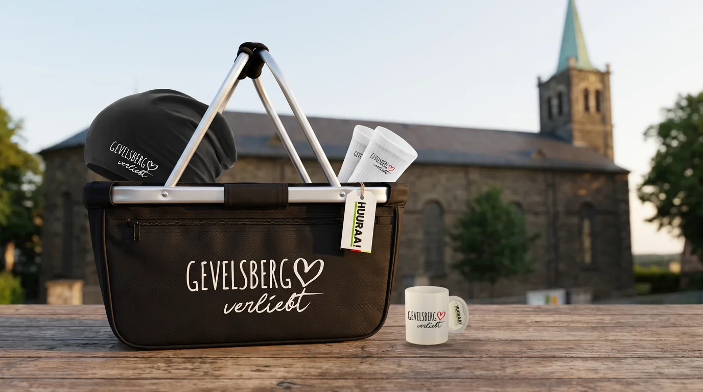Einkaufskorb Gevelsberg verliebt mit Beanie und Socken, daneben eine weiße Kaffeetasse, auf einem Holztisch vor der Erlöserkirche