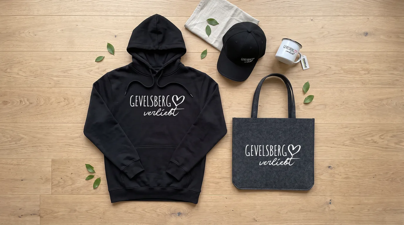 Flatlay mit schwarzem Hoodie, Cappy, Emaille-Tasse und Filzshopper mit Gevelsberg-verliebt-Druck auf Holzboden