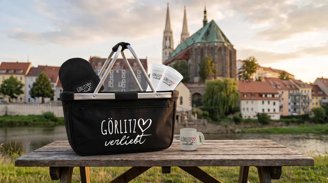 Faltbarer Einkaufskorb Görlitz verliebt mit Beanie und Socken, daneben eine Kaffeetasse, auf einem Holztisch an der Neiße vor der Peterskirche