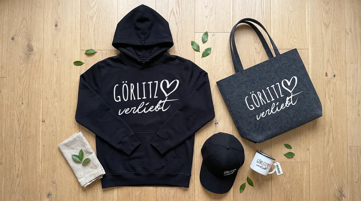 Flatlay mit schwarzem Hoodie, Cap, Emaille-Tasse und Filzshopper mit Görlitz-verliebt-Druck auf Holzboden