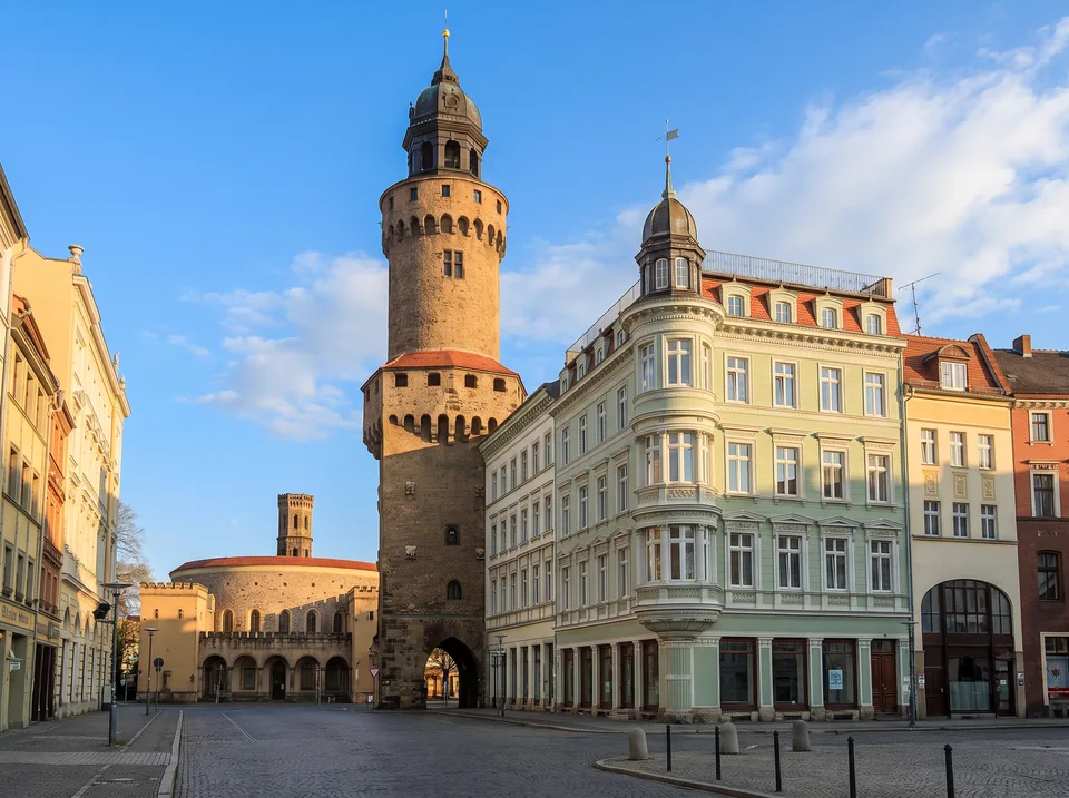 Der Reichenbacher Turm am Obermarkt in Görlitz mit Kuppelhaube, dahinter die runde Bastei Kaisertrutz