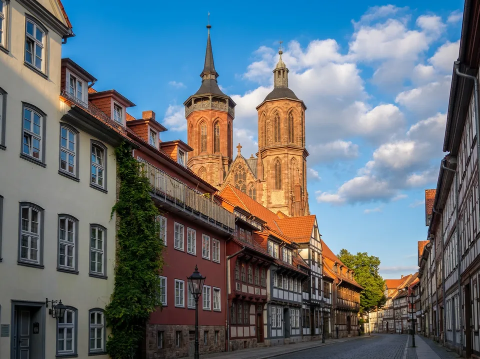 Die beiden roten Sandsteintürme der St.-Johannis-Kirche über den Altstadthäusern in Göttingen