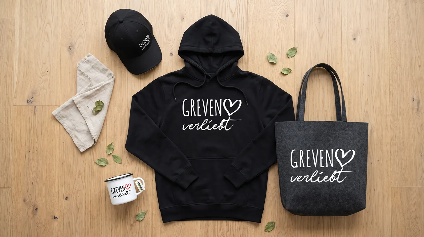 Flatlay mit schwarzem Hoodie Greven verliebt, Cappy, Emaille-Tasse und grauem Filzshopper auf Holzboden