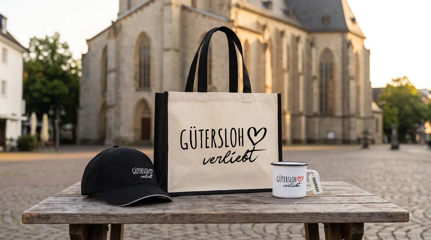 Jutetasche „Gütersloh verliebt“ mit Cappy und Emaille-Tasse auf einem Holztisch vor einer Kirche in Gütersloh