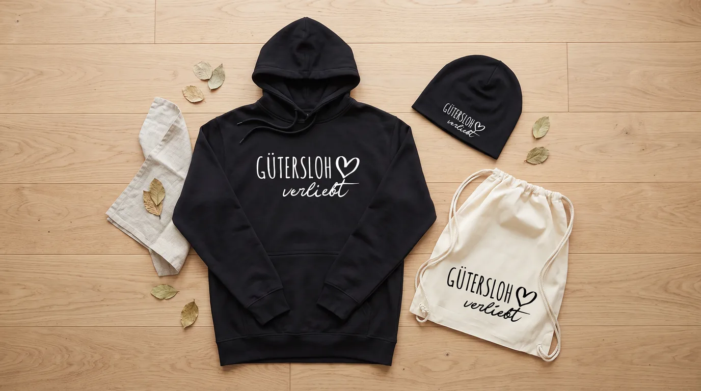 Flatlay mit schwarzem Hoodie, Beanie und Turnbeutel „Gütersloh verliebt“ auf Holzboden