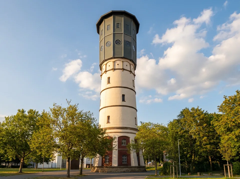 Historischer Wasserturm in Gütersloh mit Backsteinsockel, hellem Schaft und achteckigem Behältergeschoss