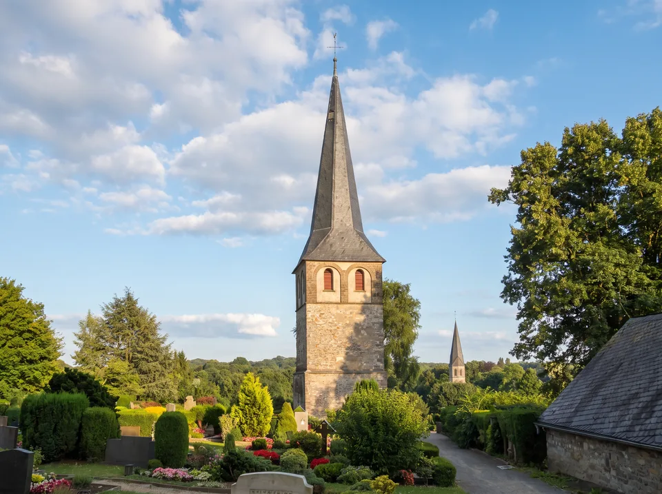Der romanische Alte Kirchturm in Gruiten mit spitzem Schieferhelm inmitten des grünen Friedhofs