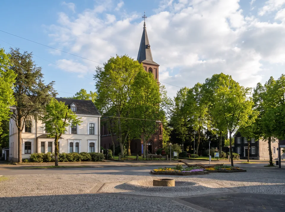 Die evangelische Backsteinkirche in Haan mit spitzem Turm hinter grünen Bäumen am gepflasterten Alten Markt