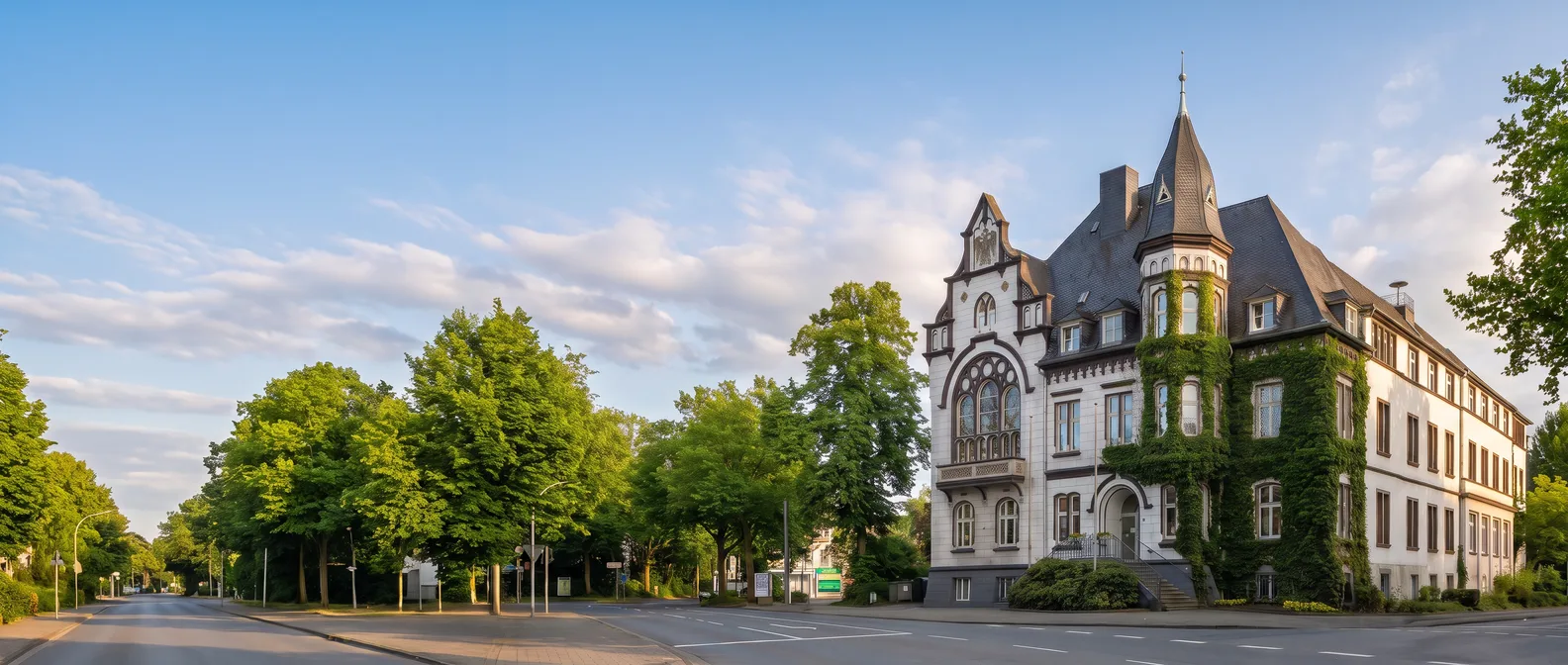 Das historische Rathaus von Haan mit verziertem Giebel, großem Bleiglasfenster, spitzem Schieferturm und efeubewachsener Fassade an der Kaiserstraße, links grüne Bäume unter blauem Himmel