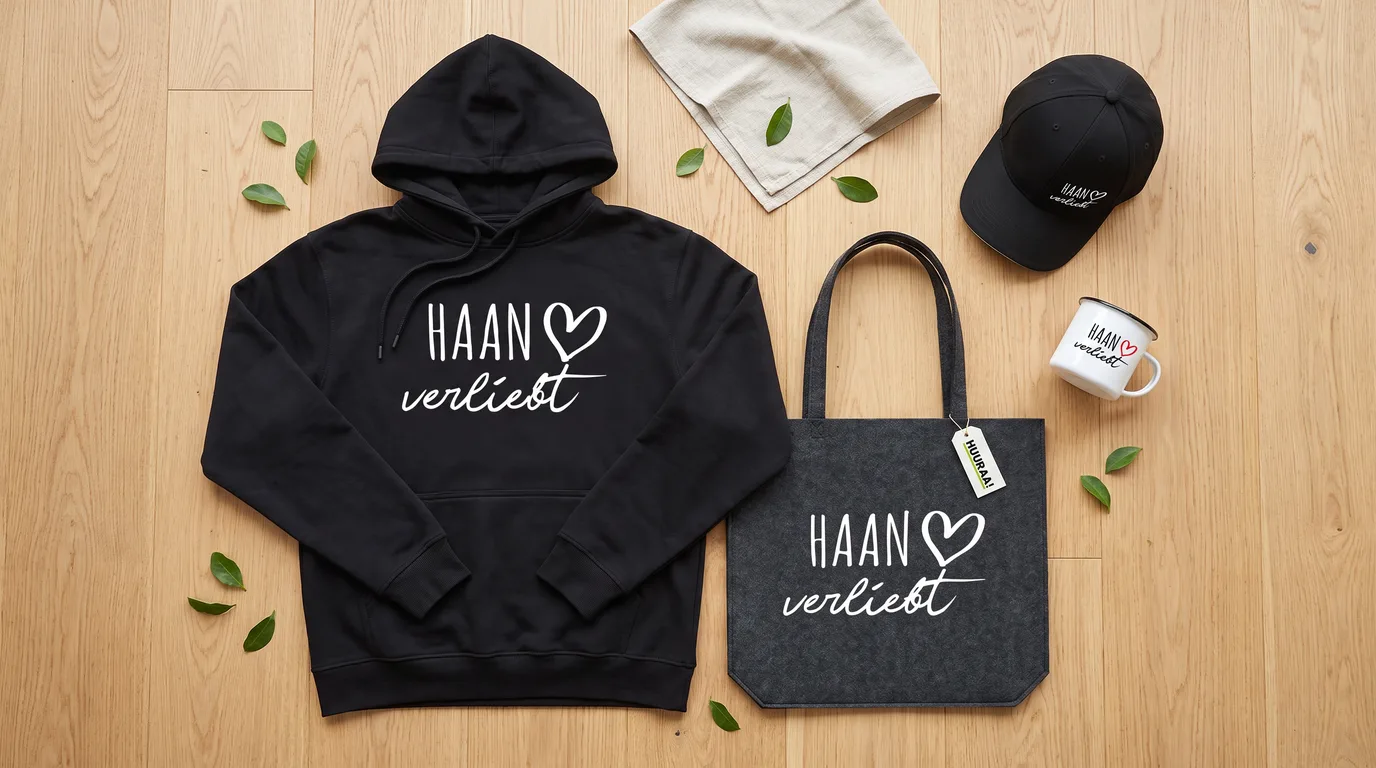 Flatlay mit schwarzem Hoodie, Cappy, Emaille-Tasse und Filzshopper mit Haan-verliebt-Druck auf Holzboden